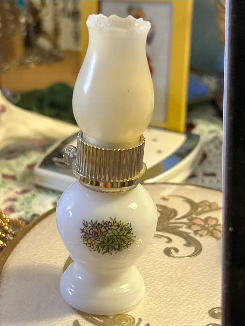 Vintage Avon White Milk Glass Floral Miniature Lamp Accent 1970s mini novelty